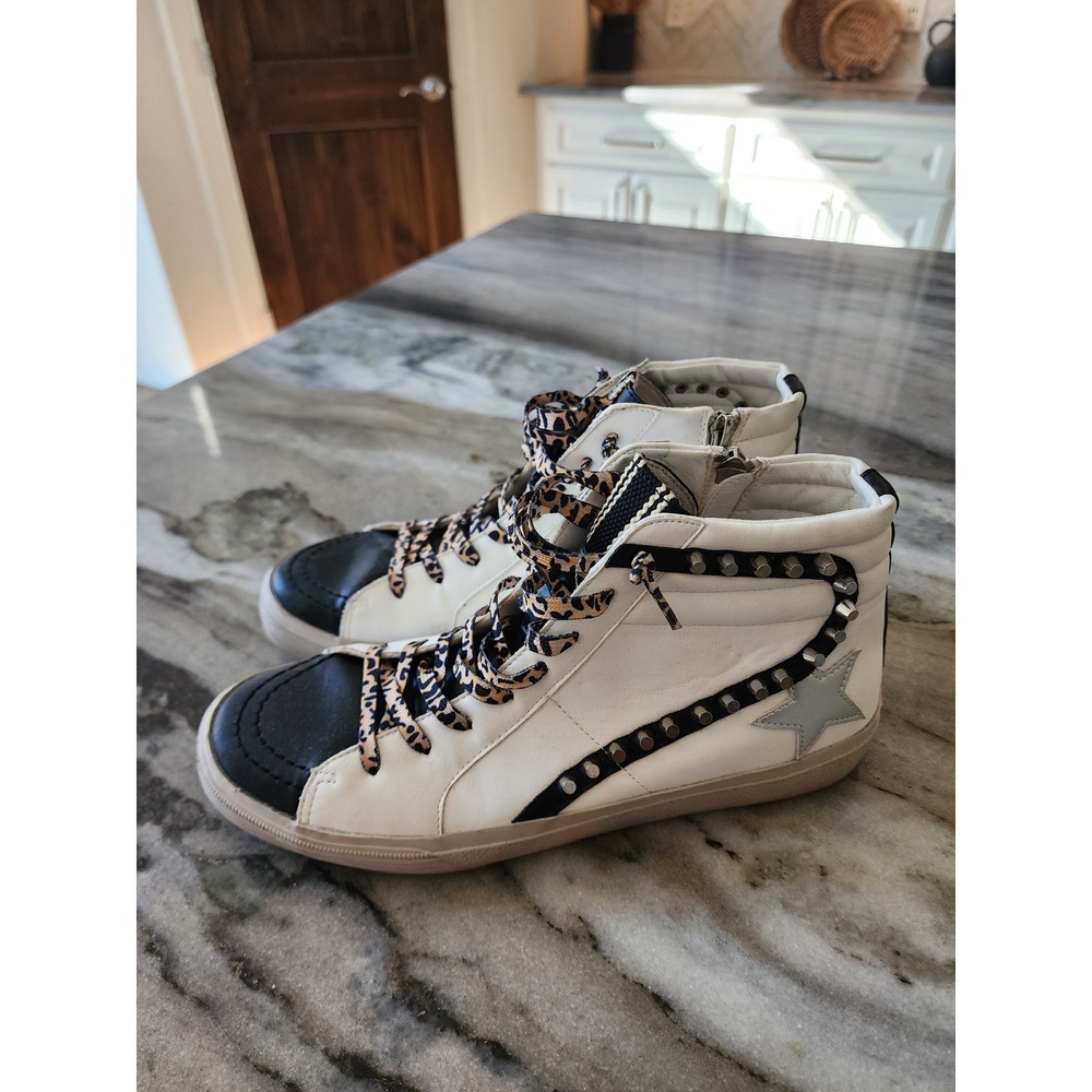 SHU SHOP Riri White Black Studded Star High Top Sneakers Womens 9 Leopard Laces